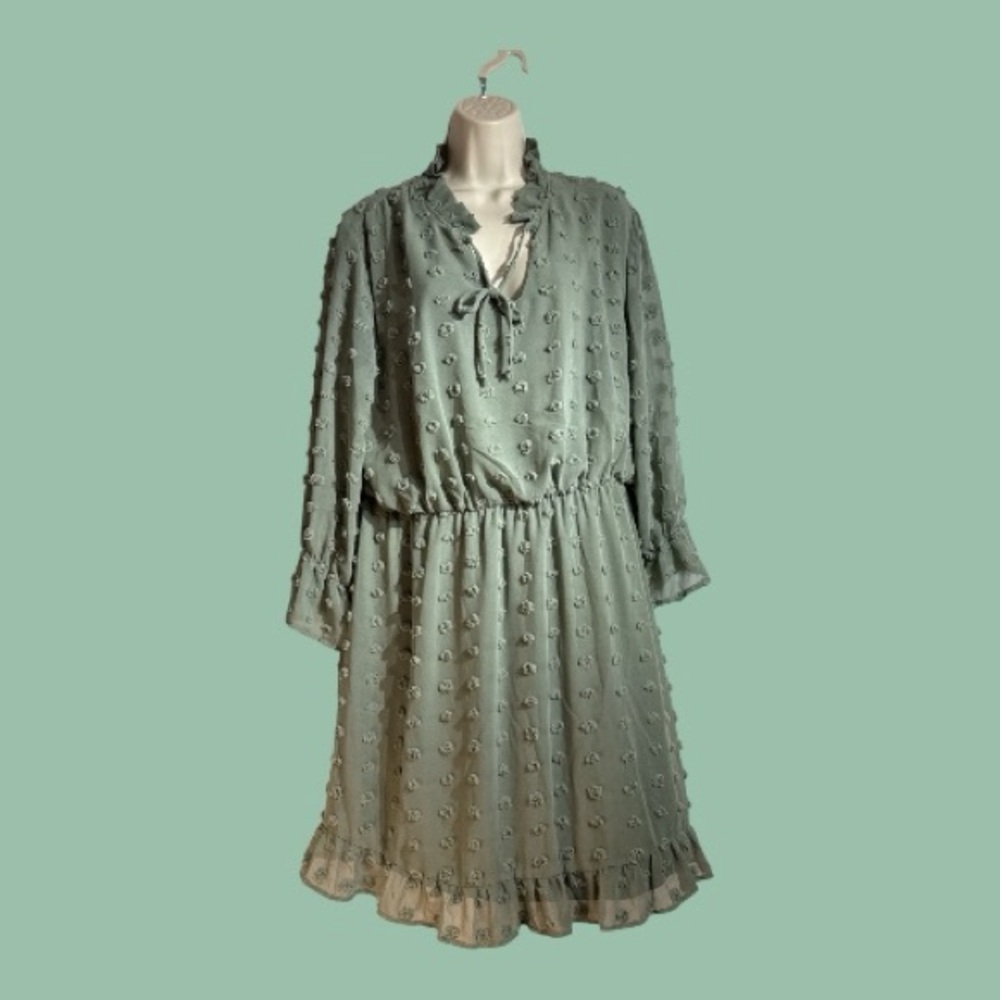 Tacera Sage Green Swiss Dot Drop Waist Peasant Dress Midi Size XL - Picture 1 of 8